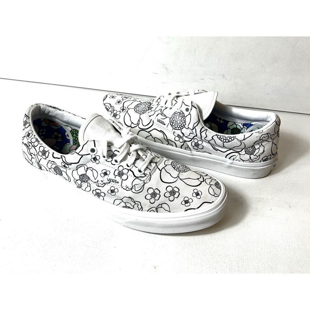 VANS Black White Floral Canvas Skater Shoes Men's 10.5 Low Top Lace Up Womens 12 - Picture 2 of 11